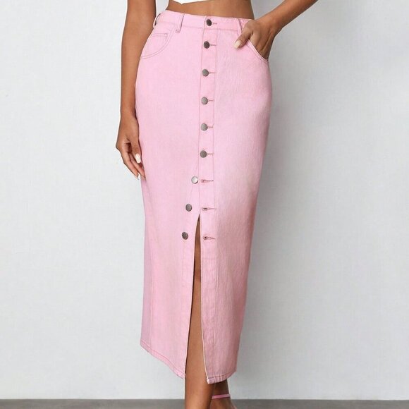 Pink Casual Women's Denim Maxi Skirt - Picture 5 of 7